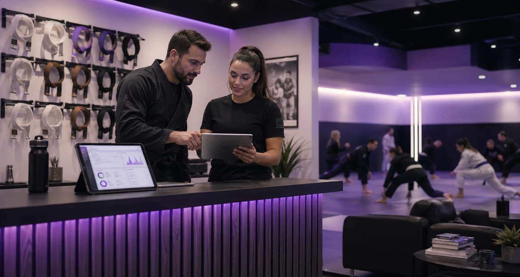 Gym owner and coach reviewing a tablet at a martial arts reception desk