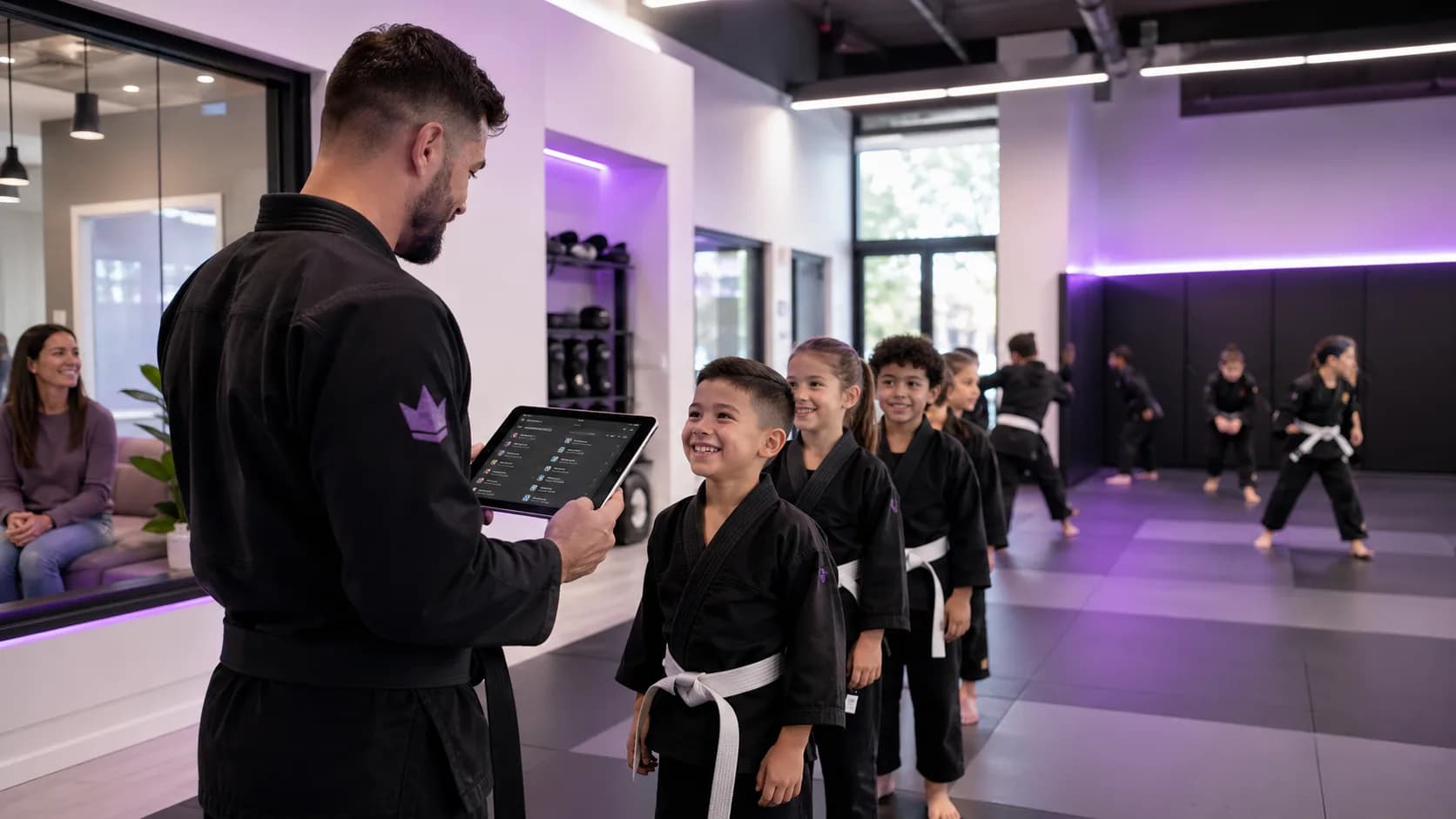 Coach checking a class roster on a tablet while children line up in a martial arts gym